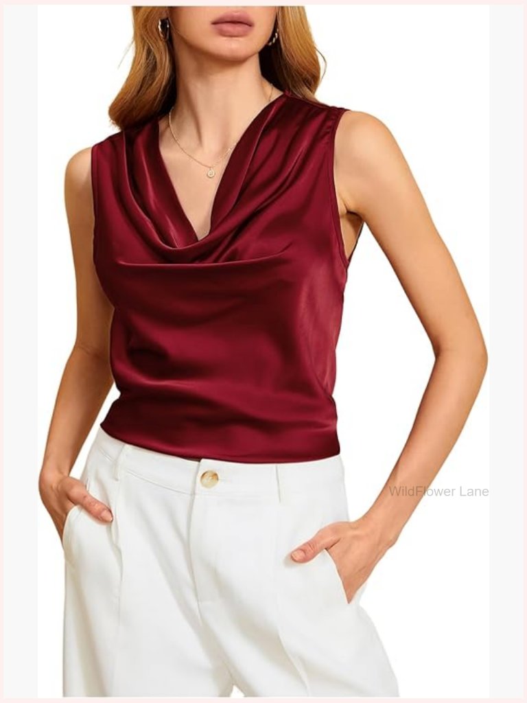 Satin Draped Cowl Neck Tank Top Blouse Sleeveless Work Office Summer